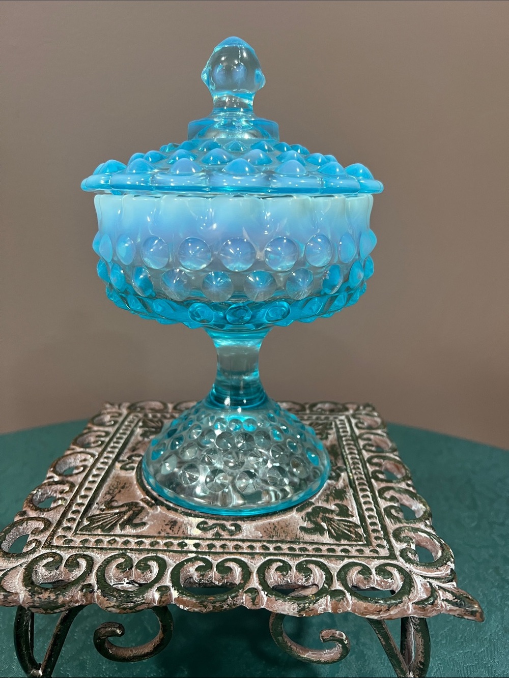 Fenton blue opalescent hobnail ruffled bowl covered dish.